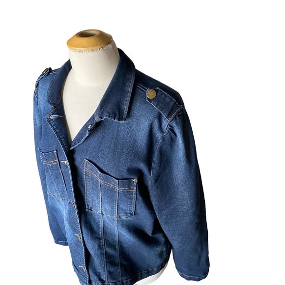 Democracy Denim Trucker Jean Jacket Blue Military Indie Grunge Faded-XL - Picture 16 of 16